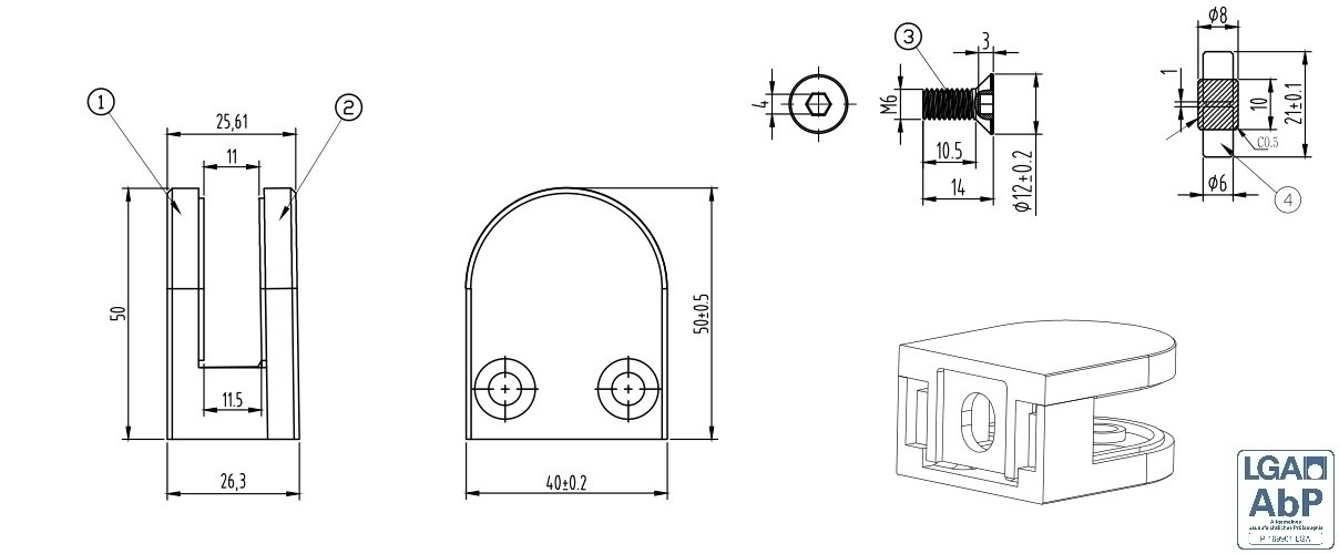 Glasklemme - Masse- 50x40x26 mm - Anschluss flach - V2A 1 Parr Gummis 10-76 mm VSG-18-2000-A.4-9