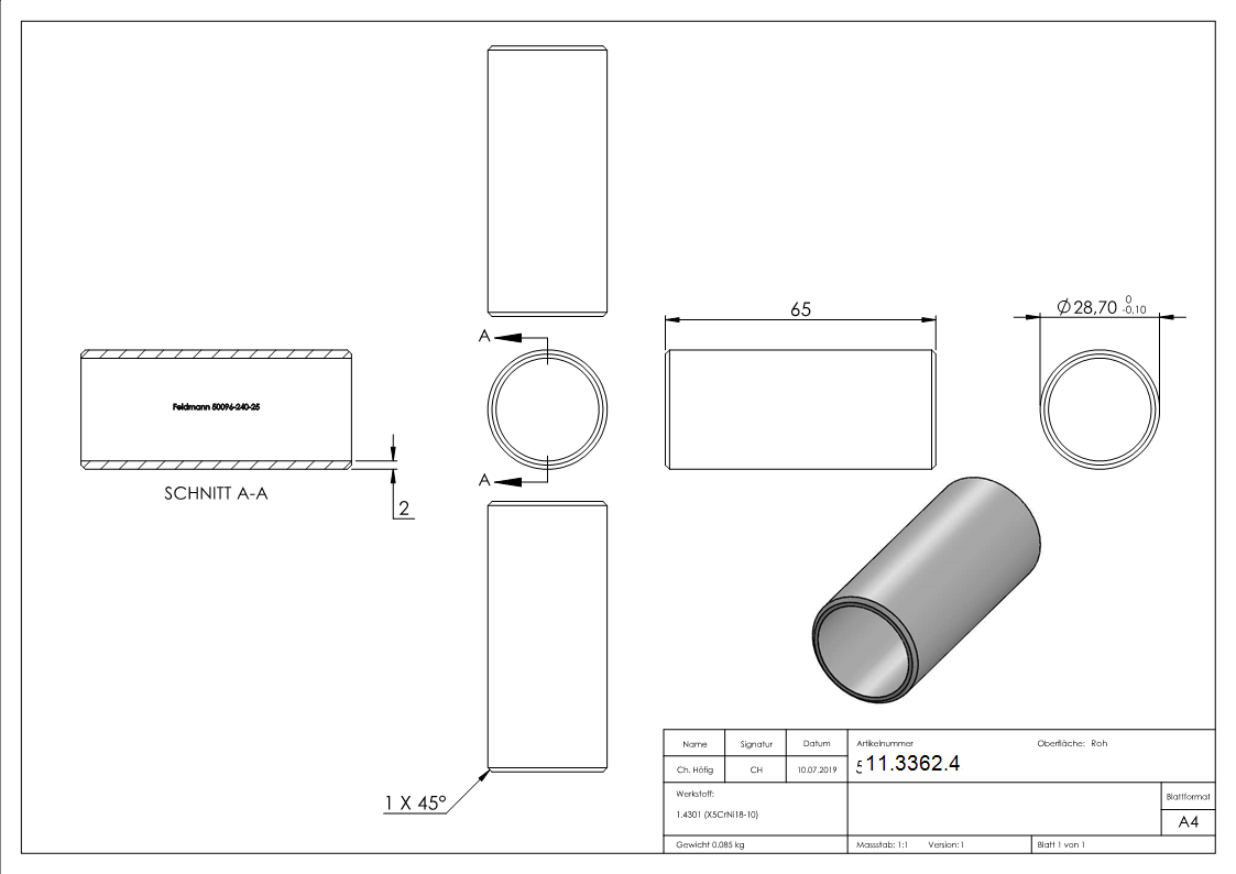 Rohrverbinder V2A fuer Rohr Ø 33-7x2-5 mm- L 65 mm- ohne Mittelsteg-11-3362.4