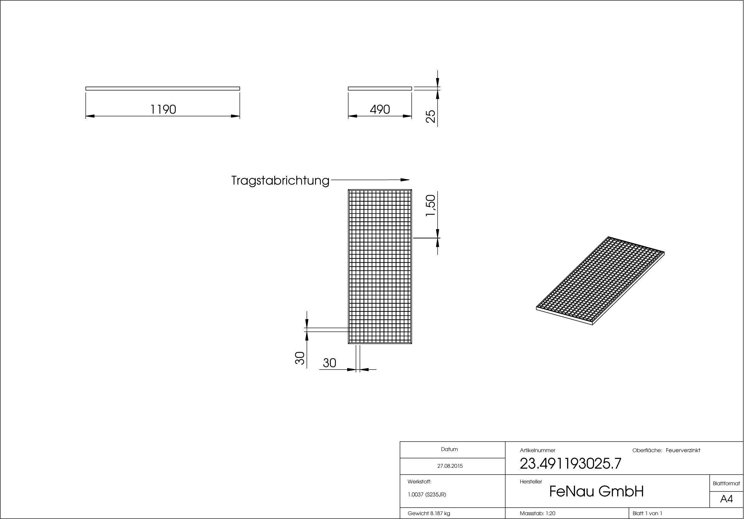 Lichtschachtrost Baunormrost | Maße:  490x1190x25 mm 30/30 mm | aus S235JR (St37-2), im Vollbad feuerverzinkt