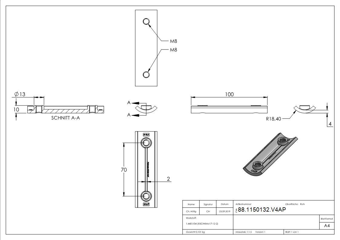 Verstaerkungsplatte Edelstahl V4A fuer Rohr Ø 42-4 mm- Gewindeabstand 70 mm-88-1150132.V4AP