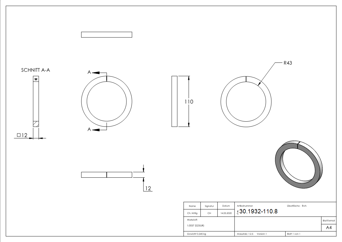 Ring - Material- 12x12 mm - Aussen-Ø 110 mm - Stahl S235JR- roh-30-1932-110.8