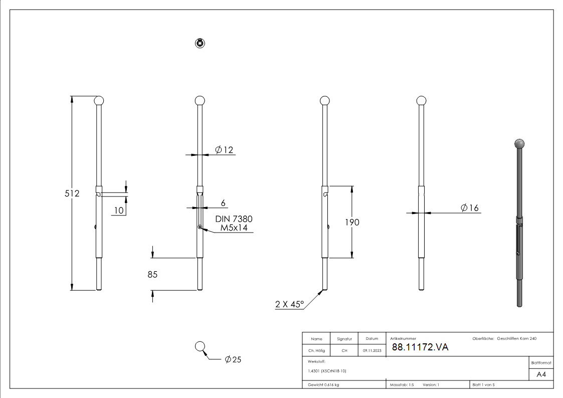Torriegel zum Einschweissen-Laenge 512mm- V2A-88-11172.VA