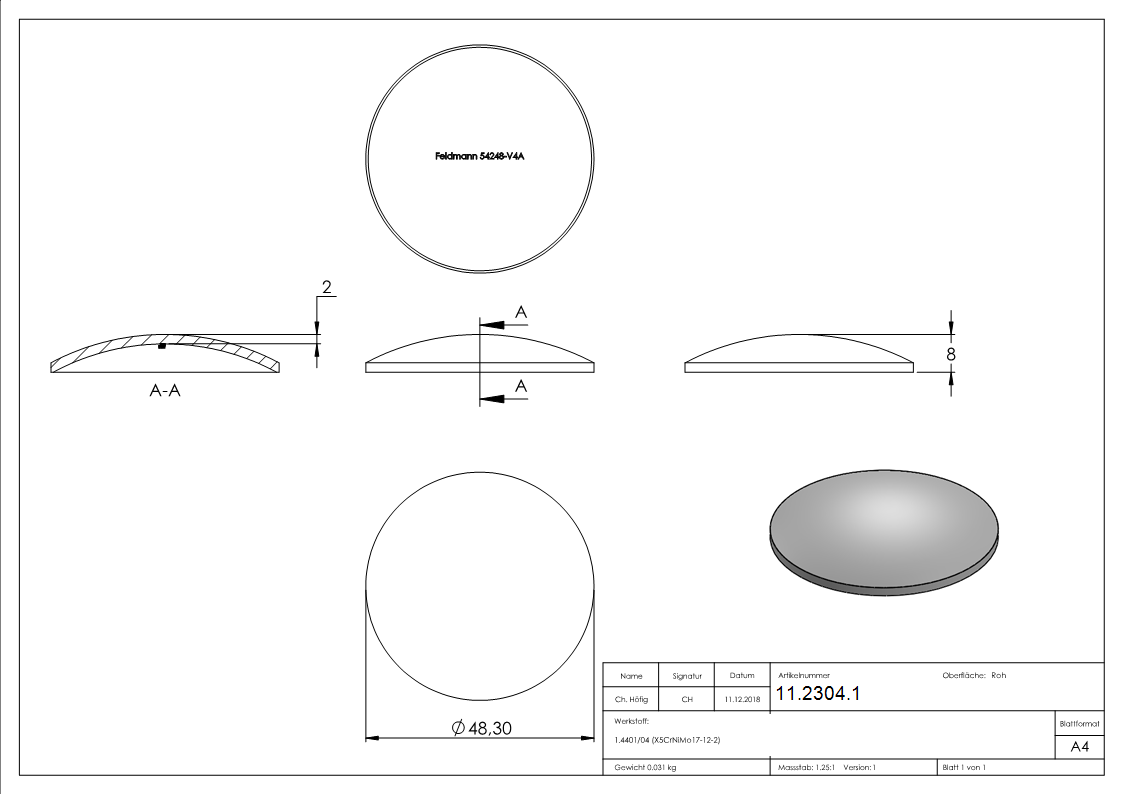 Klöpperboden  Ø 48,3x2,0 mm leicht gewölbt zum Aufschweißen | V4A