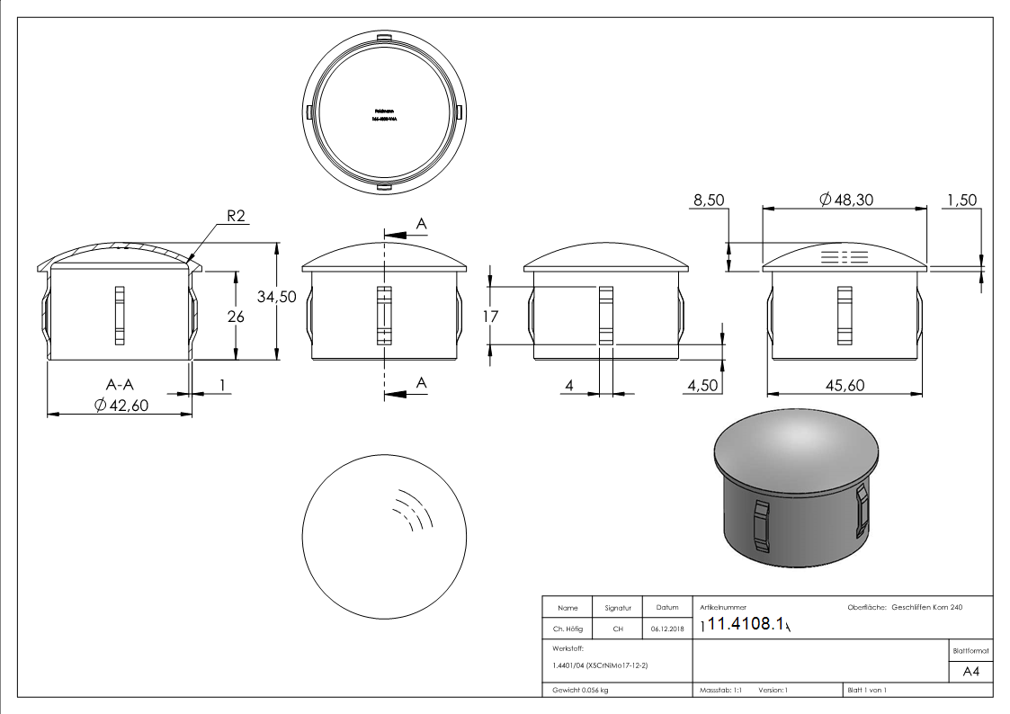 Rohrstopfen fuer Ø 48-3x2-0-2-5 mm leicht gewoelbt zum Einschlagen  V4A-11-4108.1