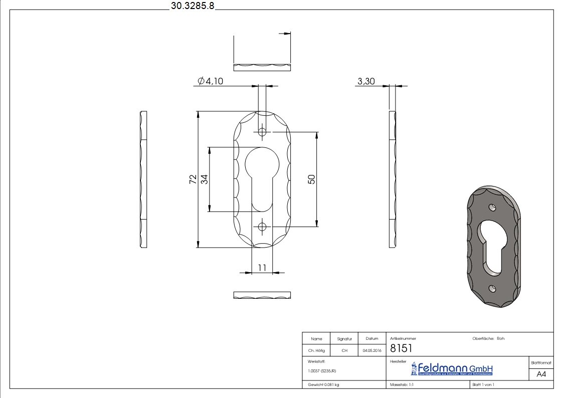 Rosette - Masse- 30x72x3 mm - Stahl S235JR- roh-30-3285.8