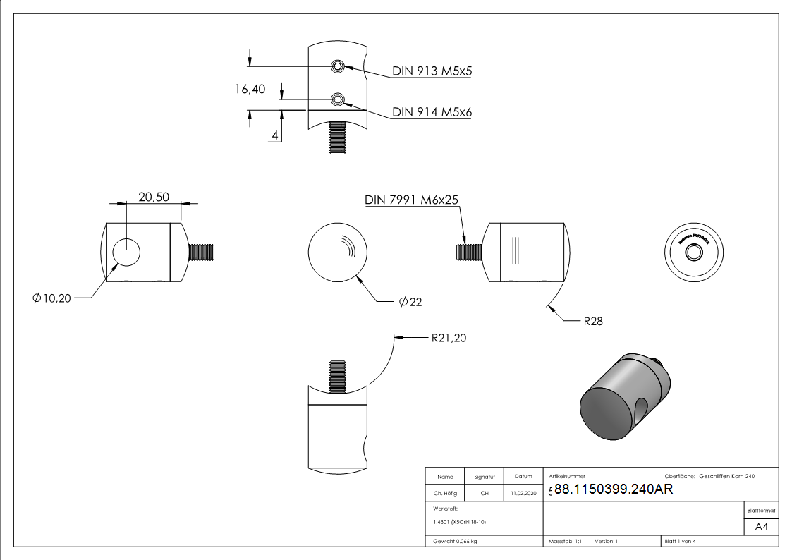 Querstab-Endhalter V2A Edelstahl – Anschluss Ø 42-4 mm passend fuer Rundstaebe 10 mm Sackloch Abschluss RECHTS inkl- Schrauben-88-1150399.240AR