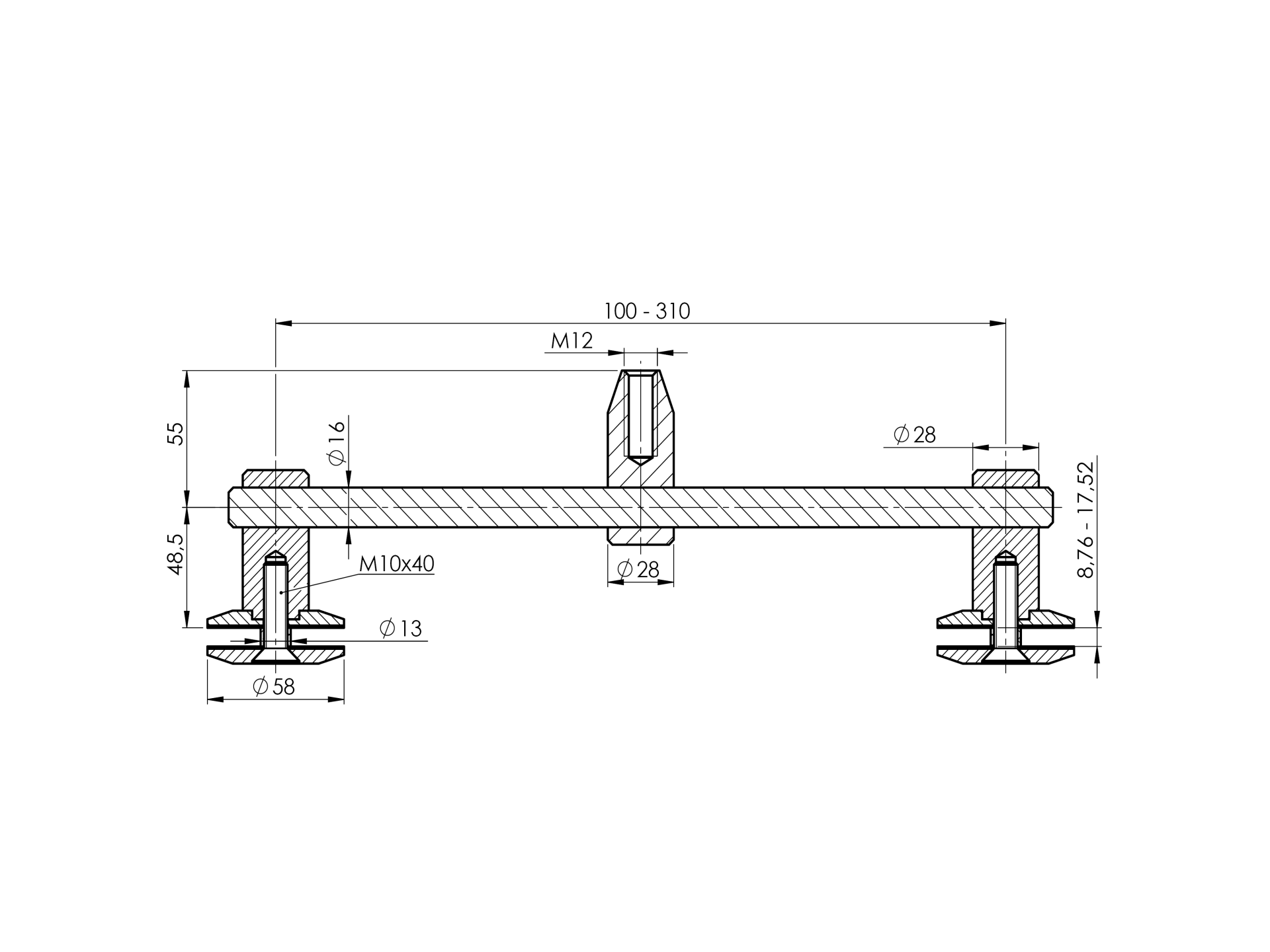 Vordachhalterung Edelstahl AISI 316 2-Punkt M12 Schliff-89-11A14PR2X60M12-A.4