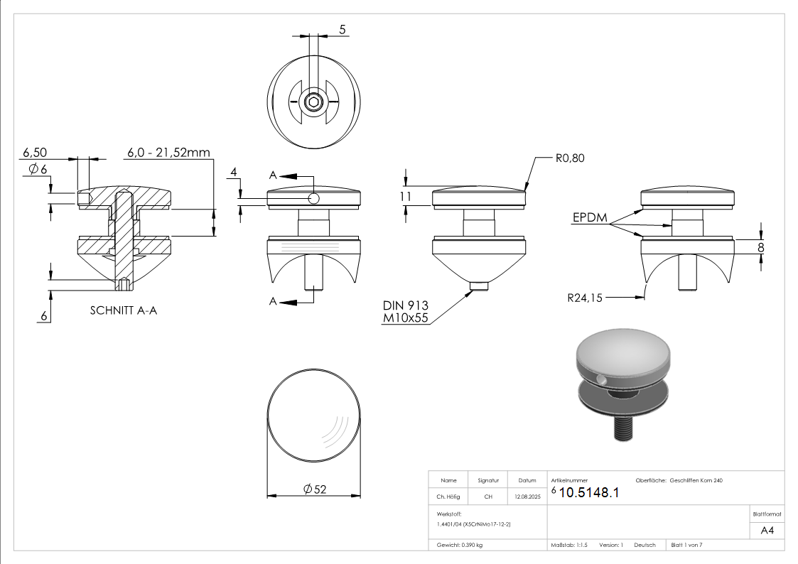 Glaspunkthalter Ø 52 mm- V4A- Anschluss- Rohr Ø 48-3 mm-10-5148.1