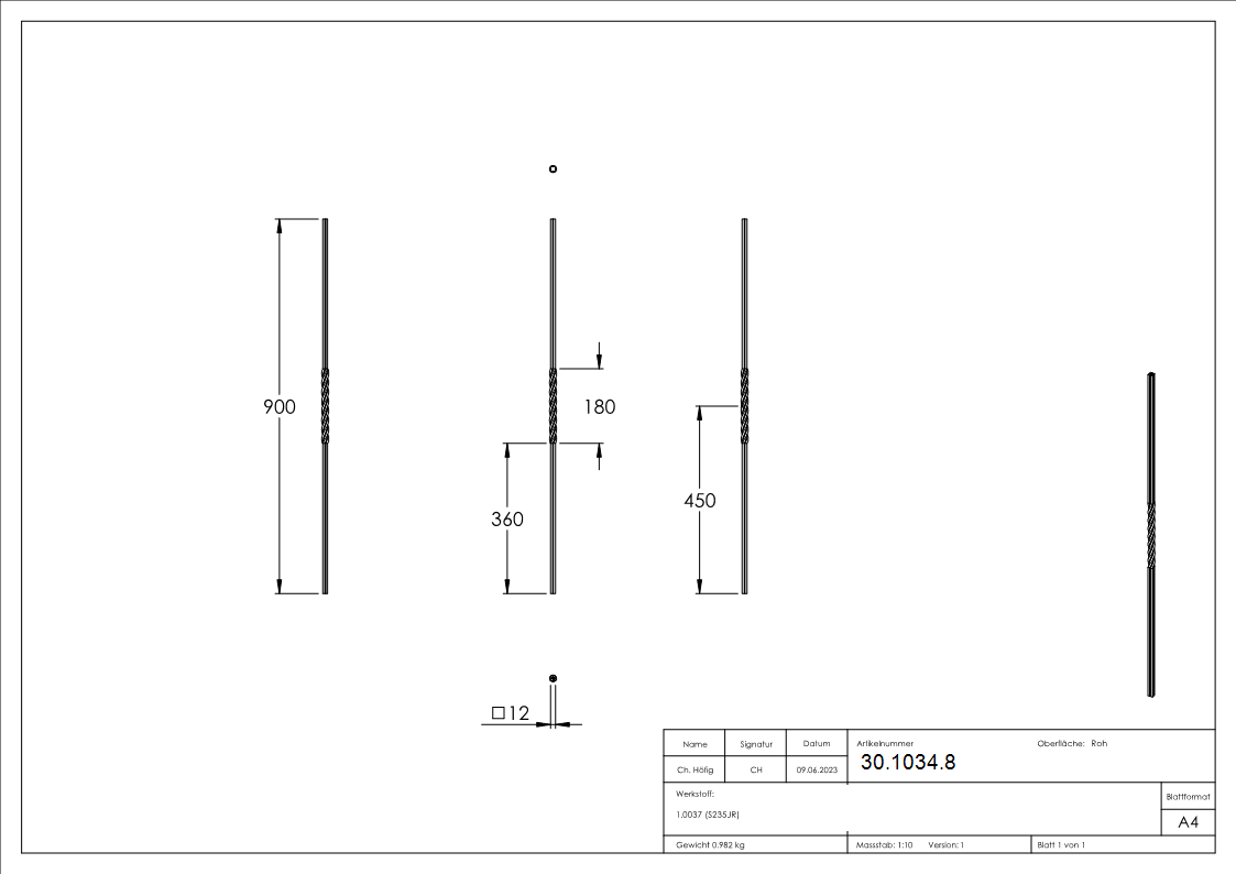 Zwischenstab | Länge: 900 mm | Material: 12x12 mm | gerillt | Stahl S235JR, roh