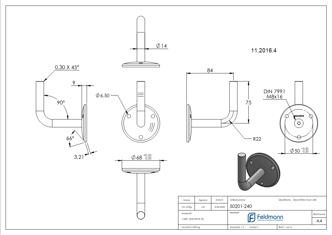 Handlaufhalter mit Ronde 70x5 mm zum Anschweißen V2A