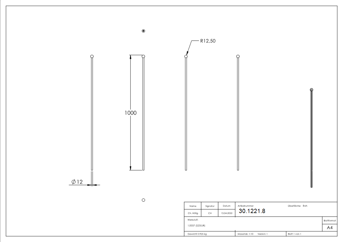 Zaunstab | Länge: 1000 mm | Material Ø 12 mm + Kugel Ø 25 mm | Stahl S235JR, roh