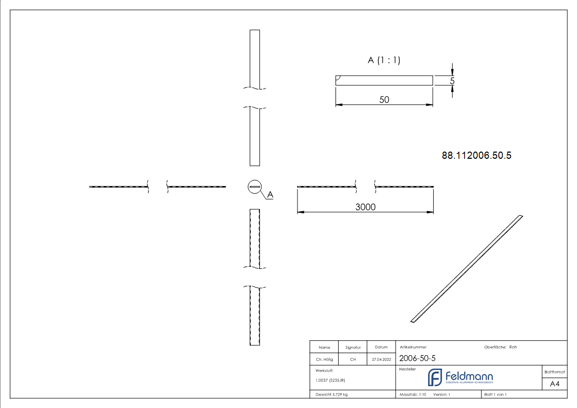 Flacheisen S235JR; 50x5mm; Länge 3000mm