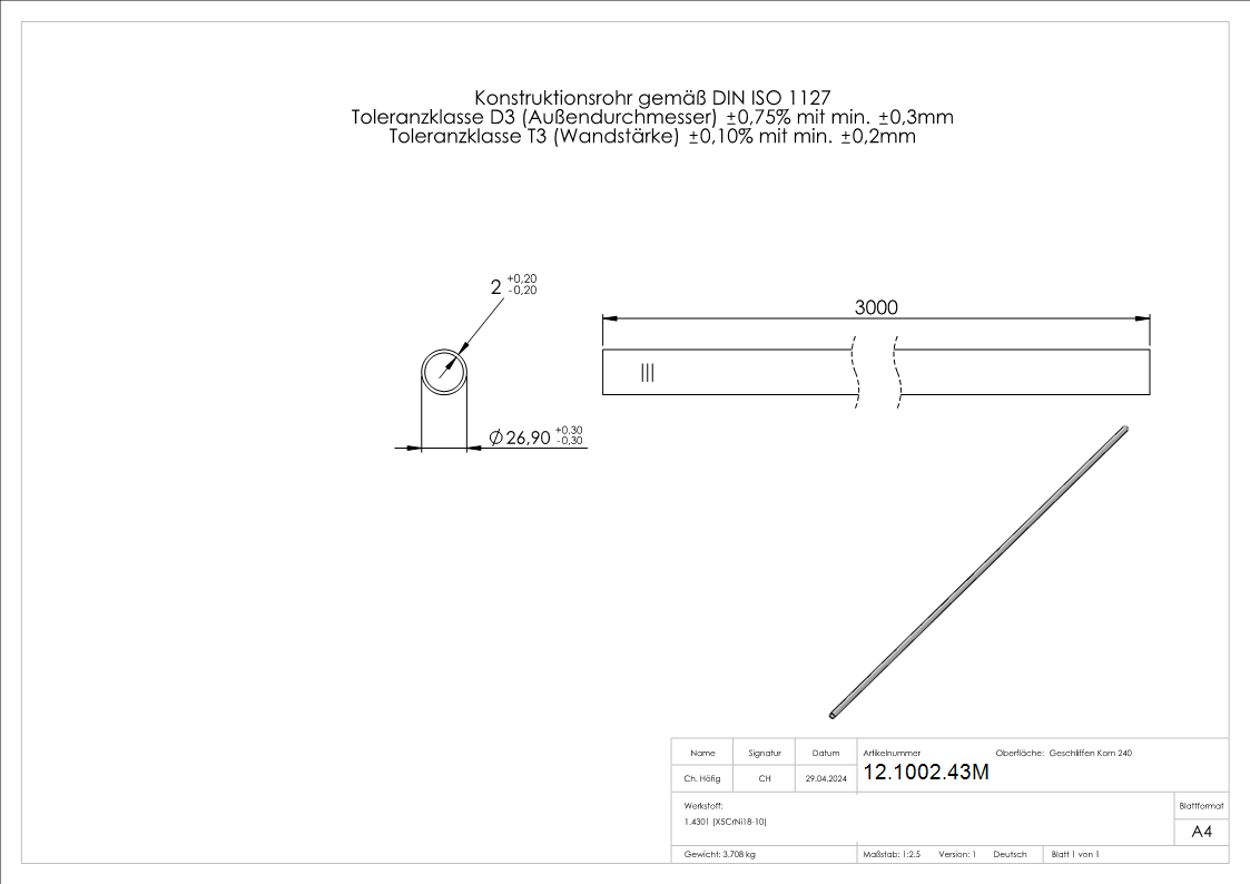 Rundrohr Ø 26,9x2,0 mm á 3 m V2A Edelstahl