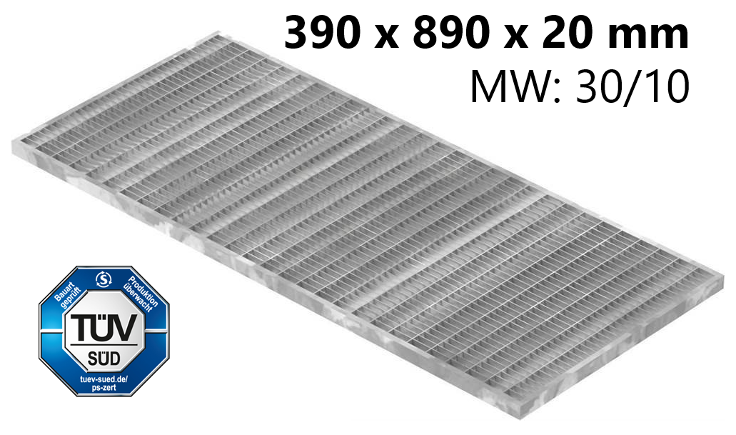 Lichtschachtrost Baunormrost | Maße:  390x890x20 mm 30/10 mm | aus S235JR (St37-2), im Vollbad feuerverzinkt