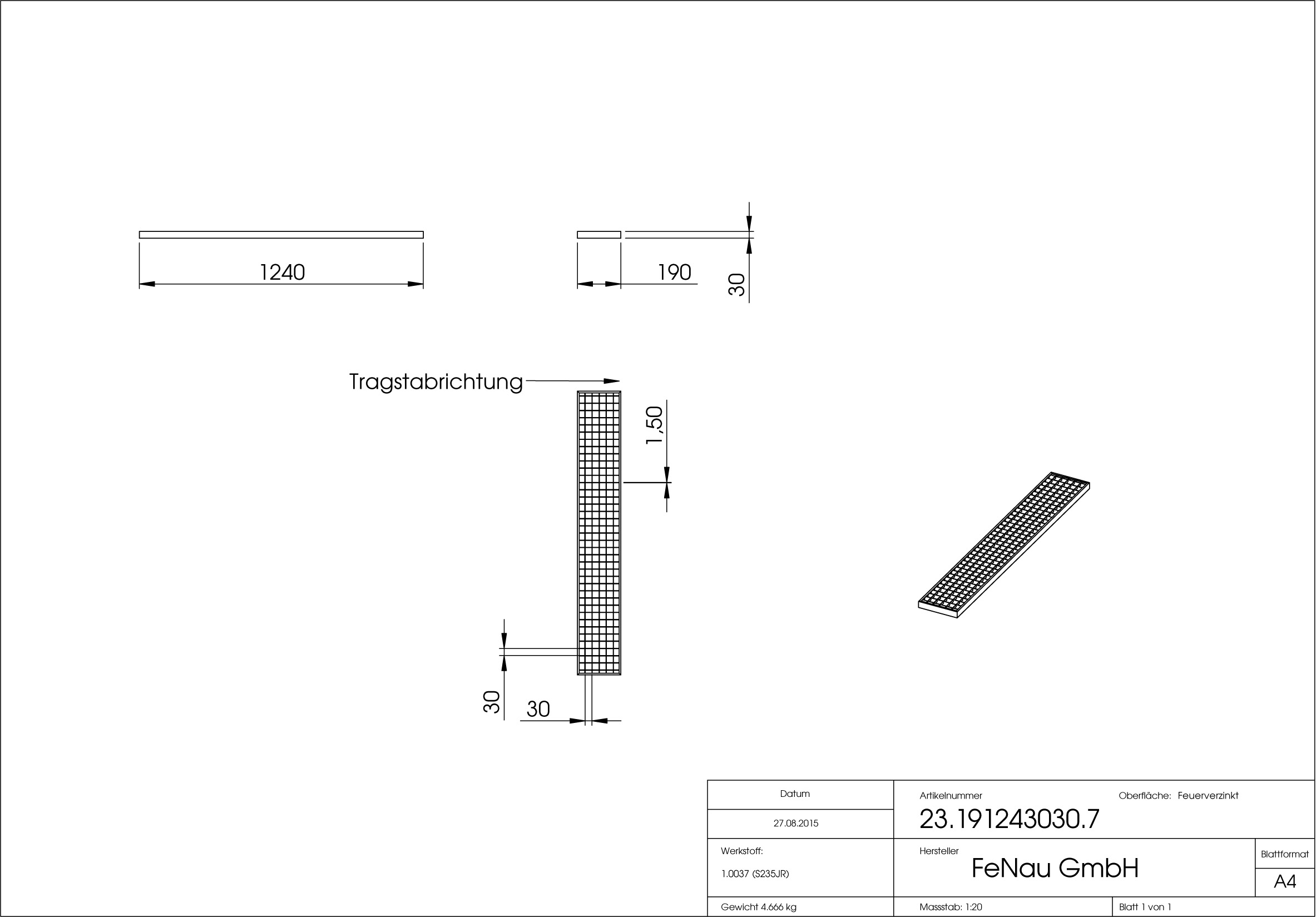 Garagen-Gitterrost | Maße:  190x1240x30 mm 30/30 mm | aus S235JR (St37-2), im Vollbad feuerverzinkt