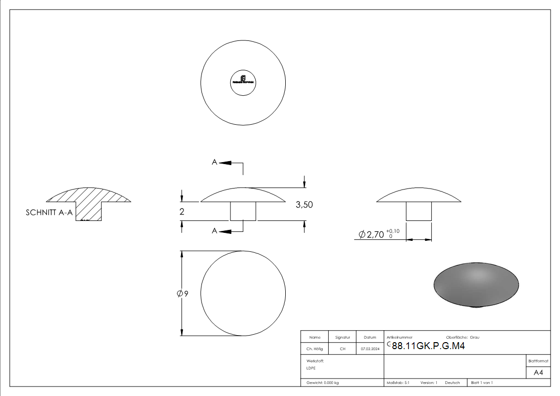 Plastikkappe fuer Innensechskantschraube M4- grau-88-11GK-P-G.M4