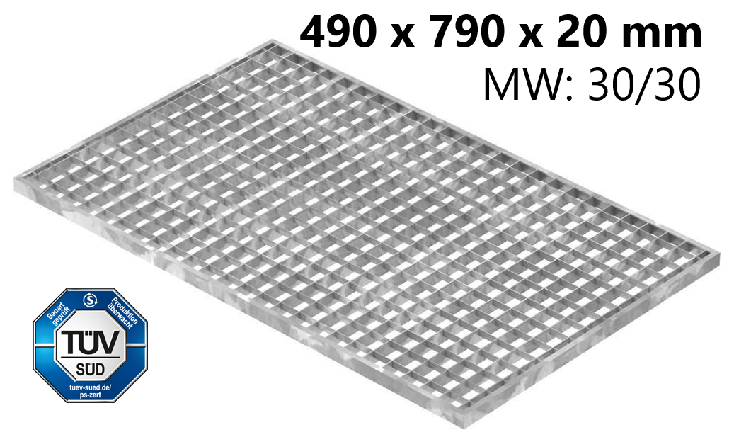 Lichtschachtrost Baunormrost | Maße:  490x790x20 mm 30/30 mm | aus S235JR (St37-2), im Vollbad feuerverzinkt