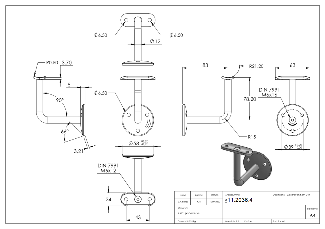 Handlaufhalter mit Ronde 58x4 mm und Halteplatte für Ø 42,4 mm V2A