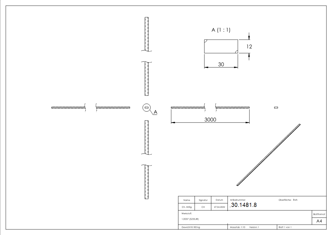 Flacheisen | 4 Kanten gehämmert | Material: 30x12 mm | Stahl (Roh) S235JR