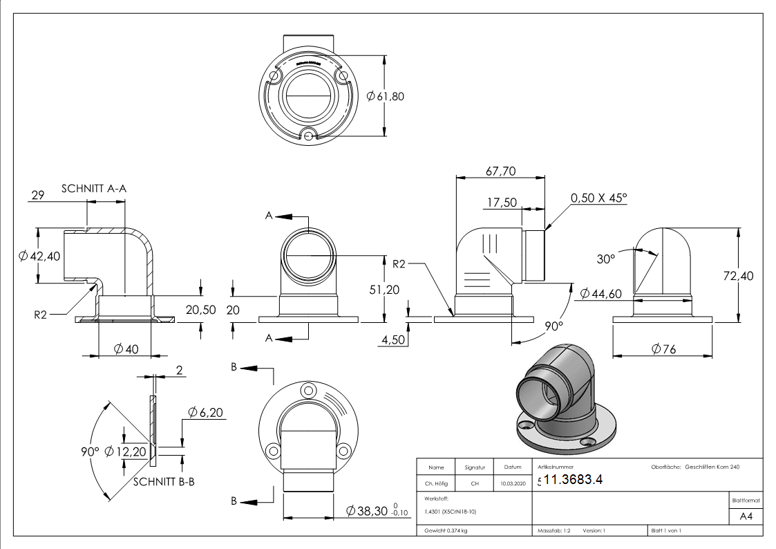 Wandhalter 90° kurz für Rundrohr Ø 42,4x2,0 mm | V2A