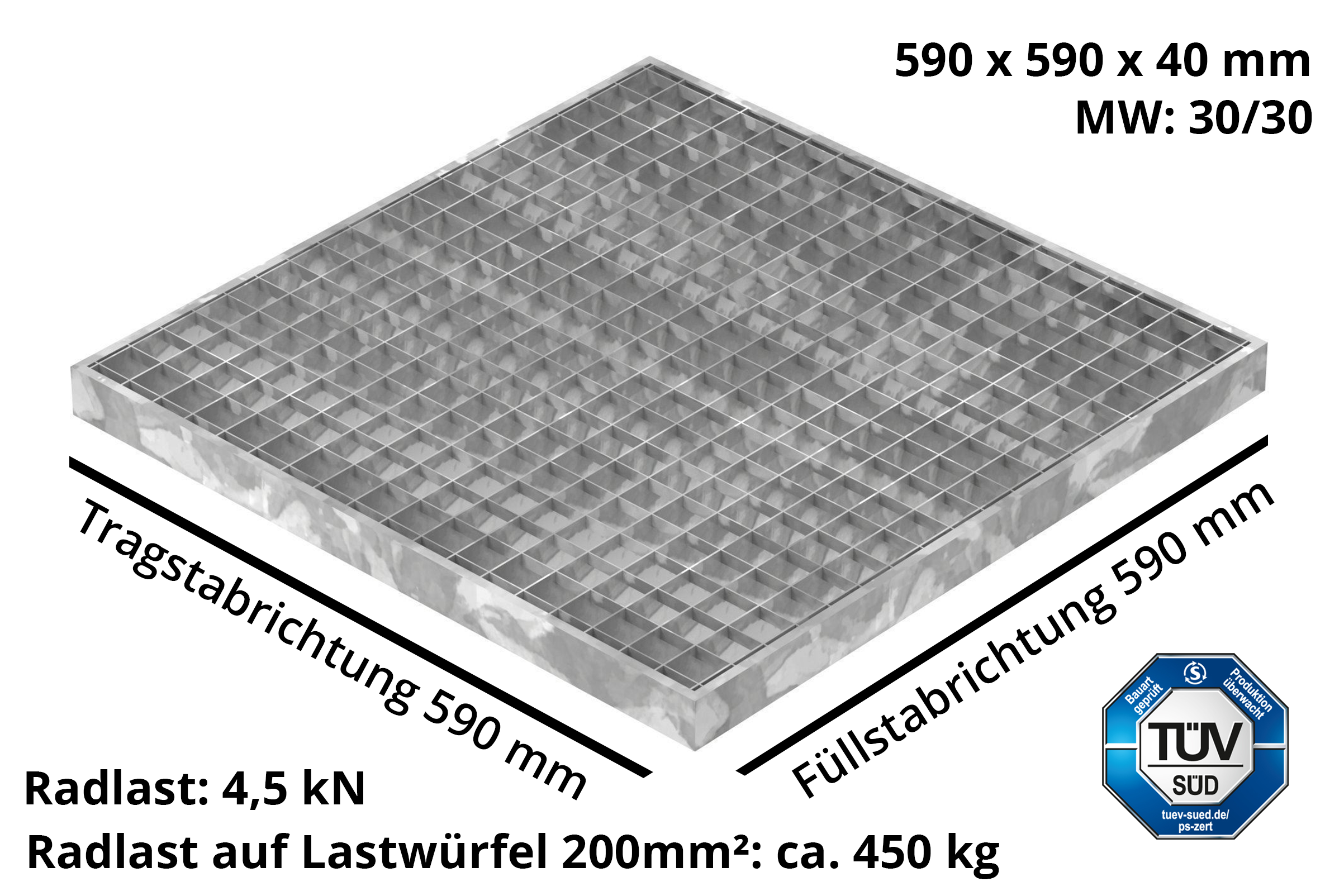 Garagen-Gitterrost | Maße:  590x590x40 mm 30/30 mm | aus S235JR (St37-2), im Vollbad feuerverzinkt