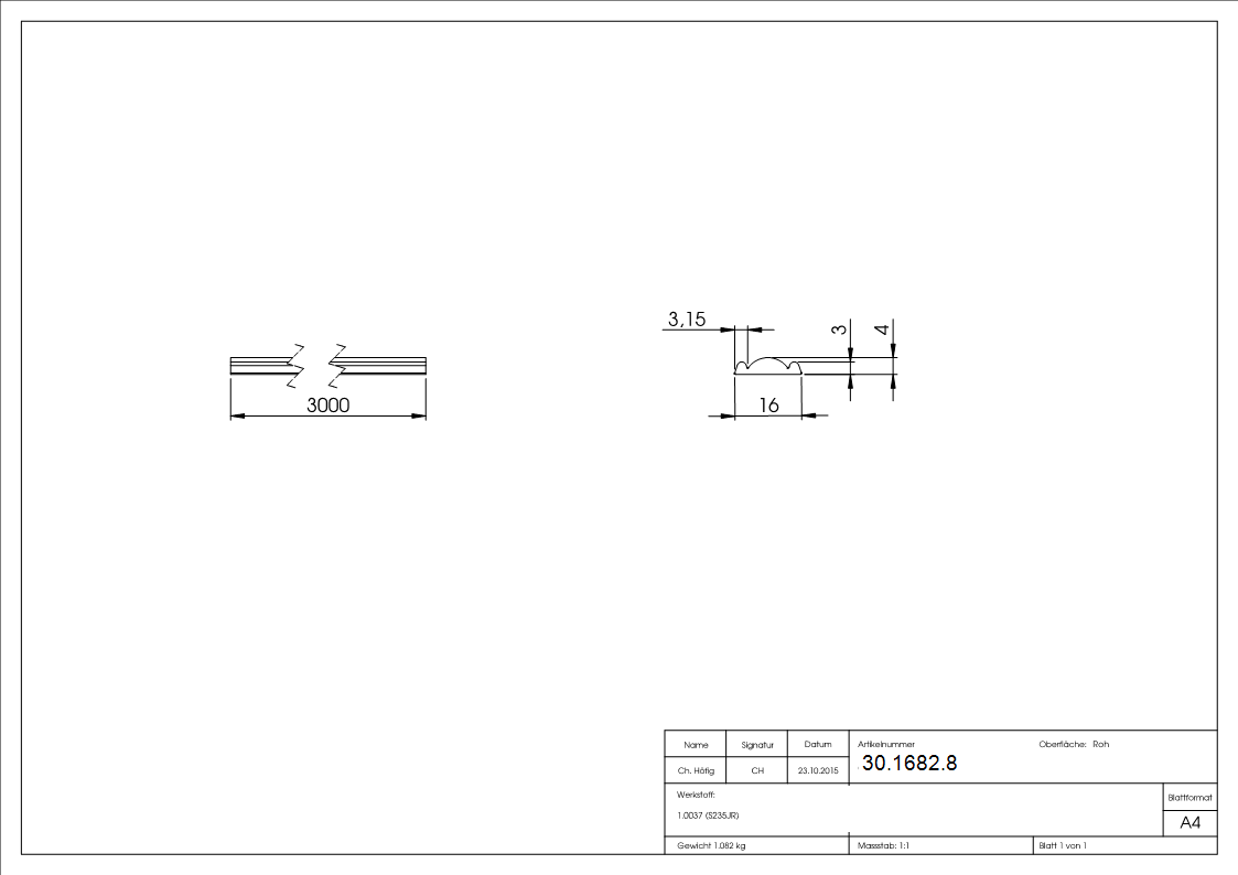 Bundmaterial | Material: 16x4 mm | Länge: 3000 mm | Stahl S235JR, roh