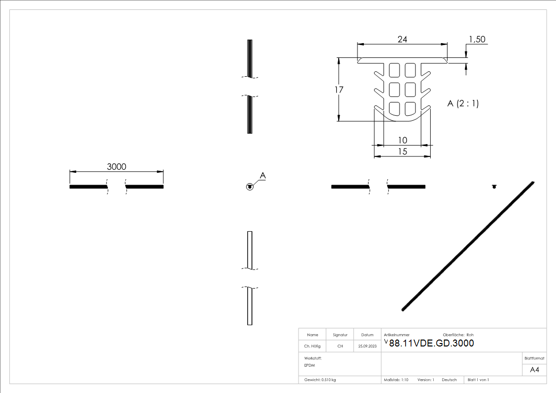 Zwischendichtung EPDM schwarz L = 3000 mm fuer Glas 16-76–21-52 mm-88-11VDE-GD.3000