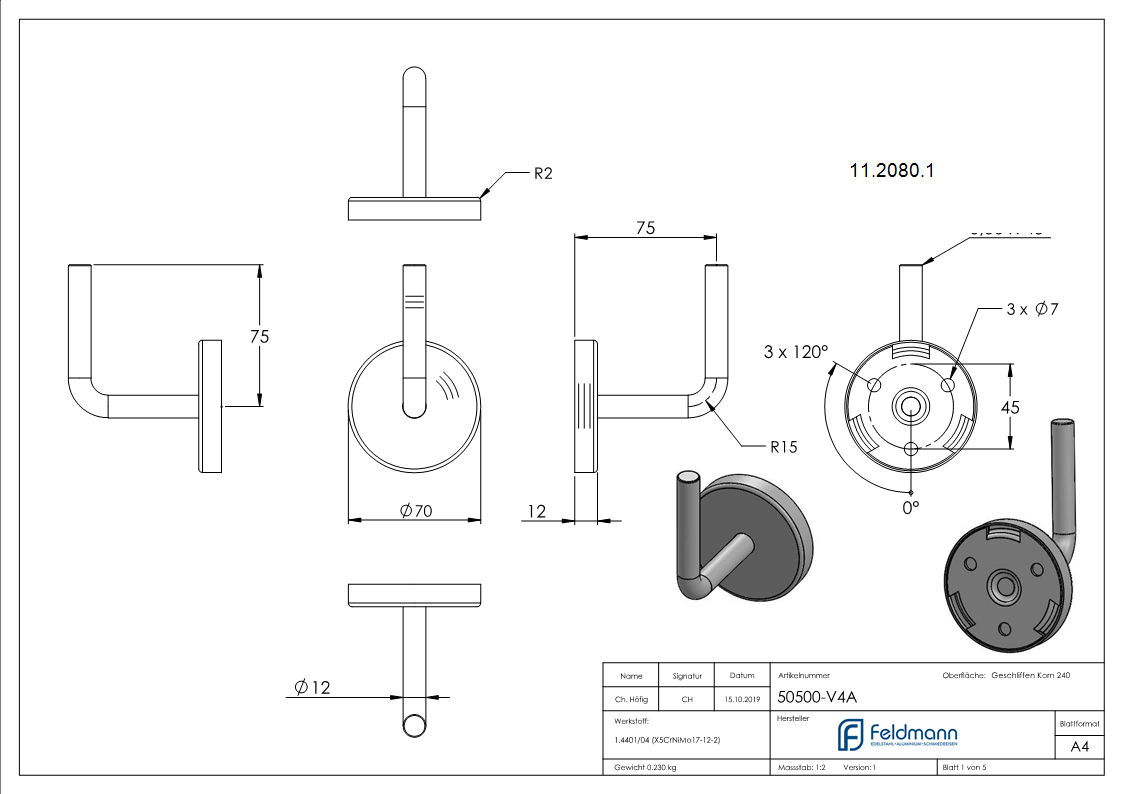 Handlaufhalter mit Ronde 70x4 mm zum Anschweißen V4A