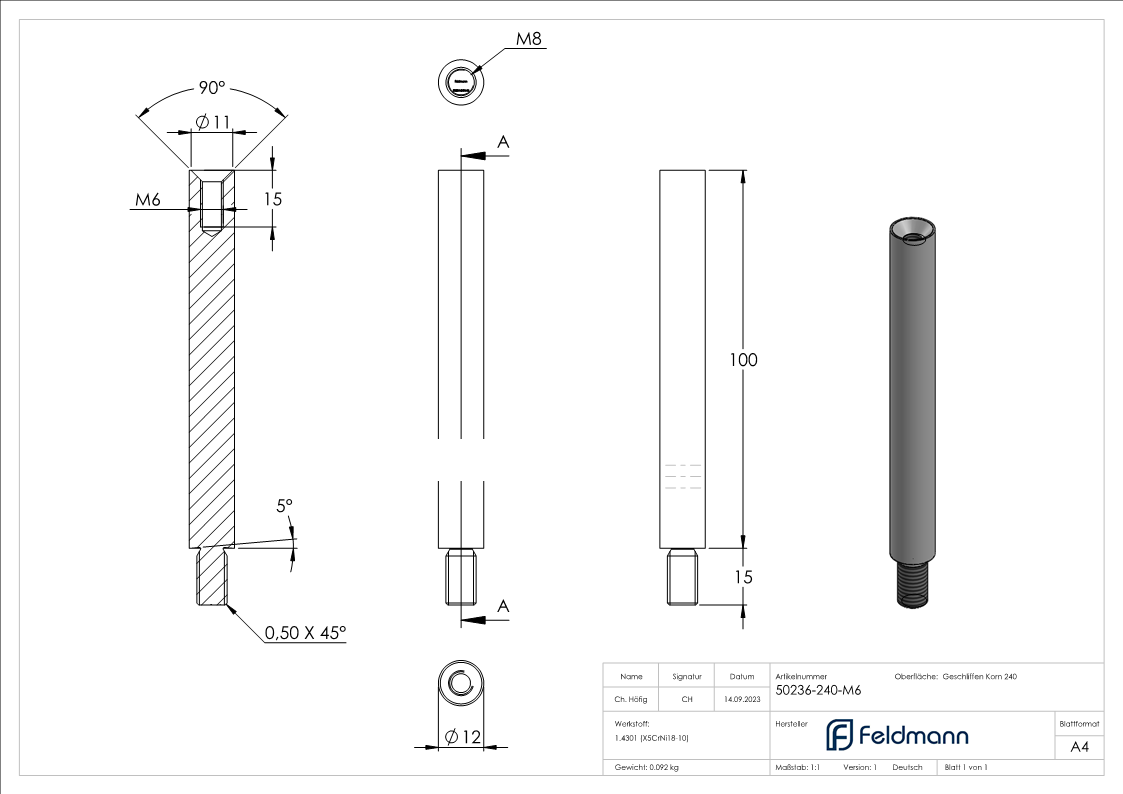 Stift | Maße: 100x12 mm | mit Außen - und Innengewinde | V2A