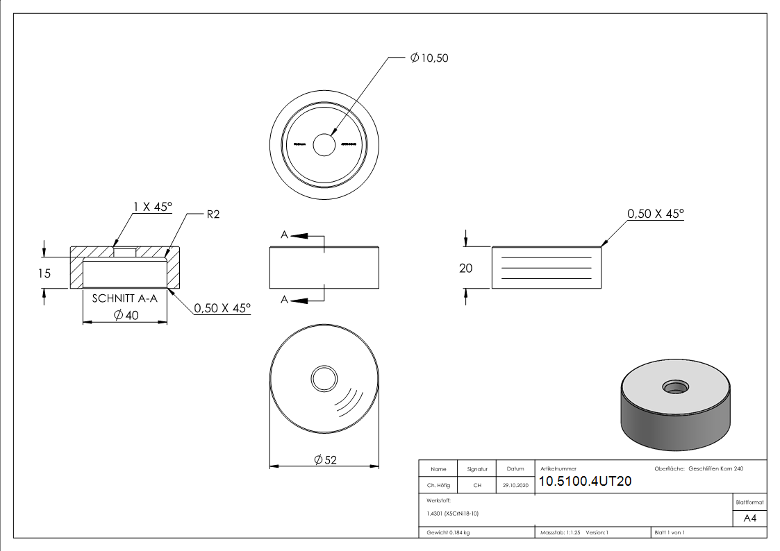 Glaspunkthalter-Unterteil Ø 52 mm- V2A- Hoehe- 20 mm-10-5100.4UT20