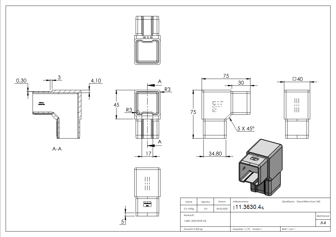 Ecke 90° zum Stecken und Kleben V2A