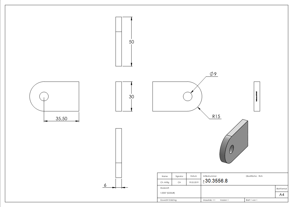 Anschweisslasche Stahl S235JR 50 x 30 x 6 mm Rundloch 9 mm-30-3556.8