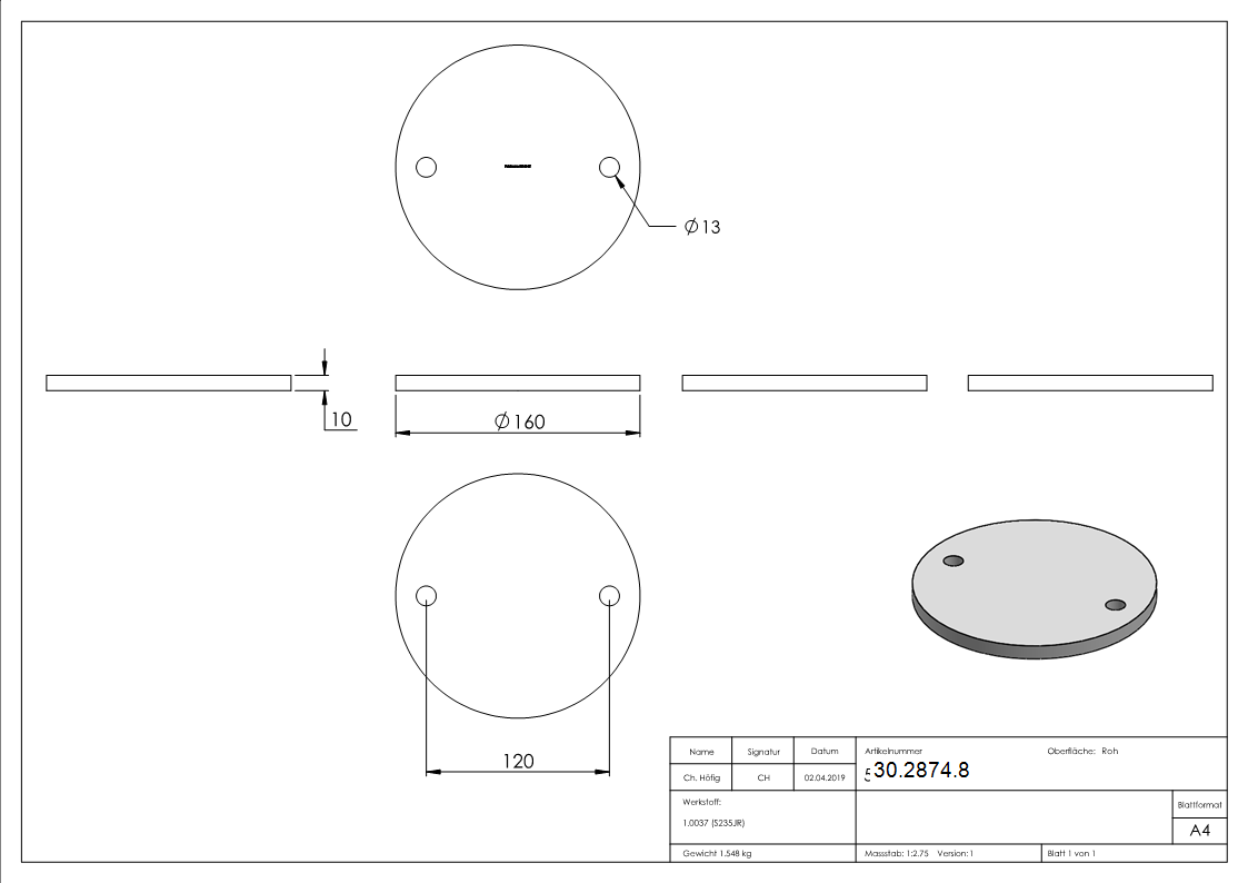 Ankerplatte 160x10 mm 2 Bohrungen |  Stahl roh