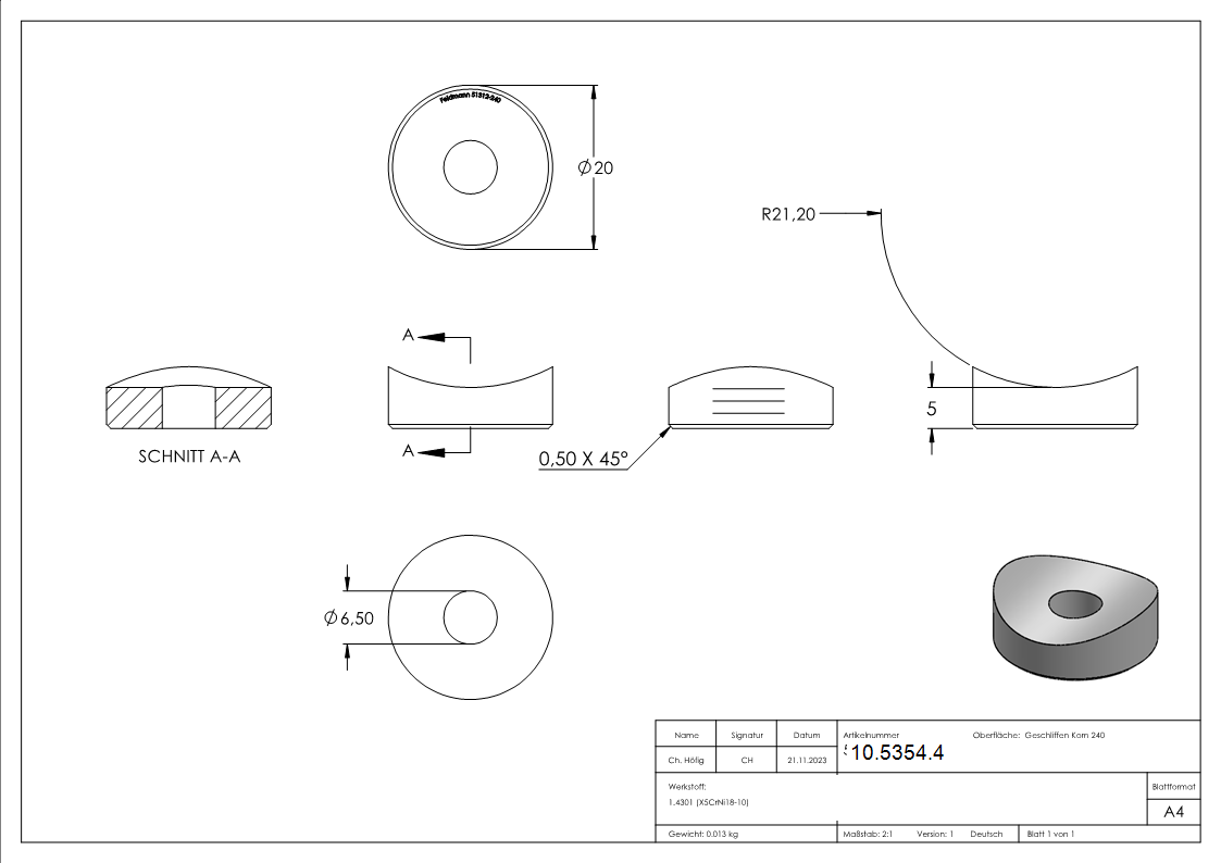 Ausgleichsstueck V2A Ø 20 mm- Bohrung Ø 6-5 mm- fuer Rohr 42-4 mm- ohne Senkung-10-5354.4