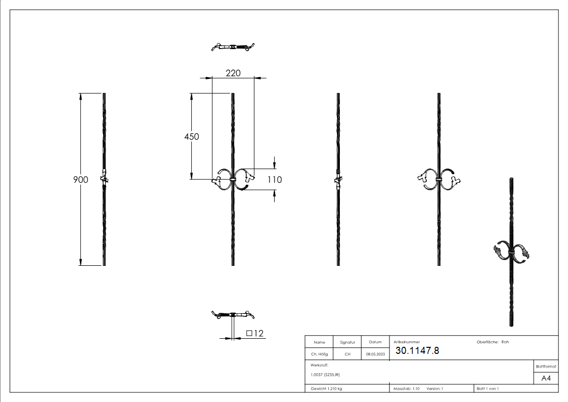 Zierstab | Länge: 900 mm | Material: 12x12 mm gerillt | Stahl S235JR, roh