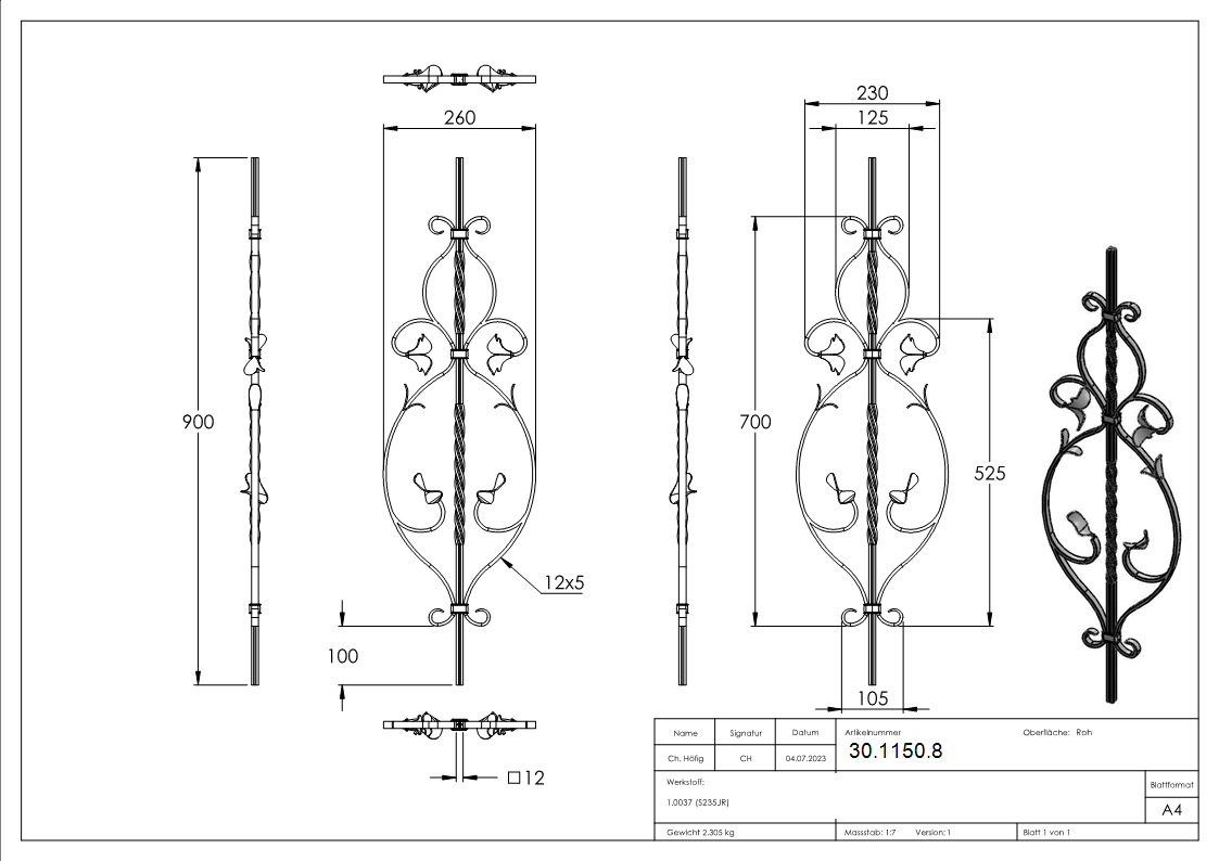 Zierstab | Länge: 900 mm | Material: 12x12 mm gerillt | Stahl S235JR, roh