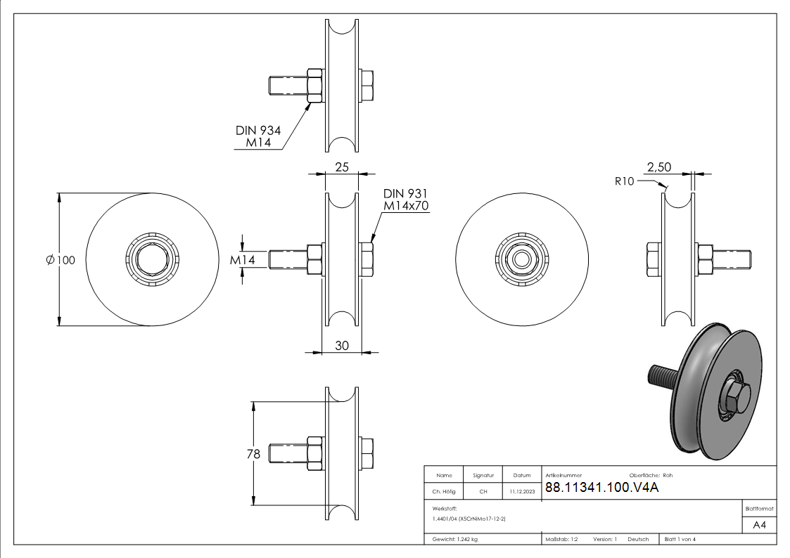 Schiebetorrolle Ø 100mm mit Rundrille Ø 20mm- V4A-88-11341-100.V4A