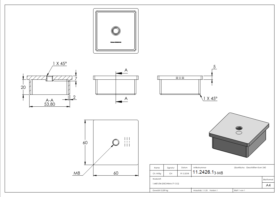 Endkappe für Rohr 60x60x3,0 mm mit M8 zum Kleben V4A