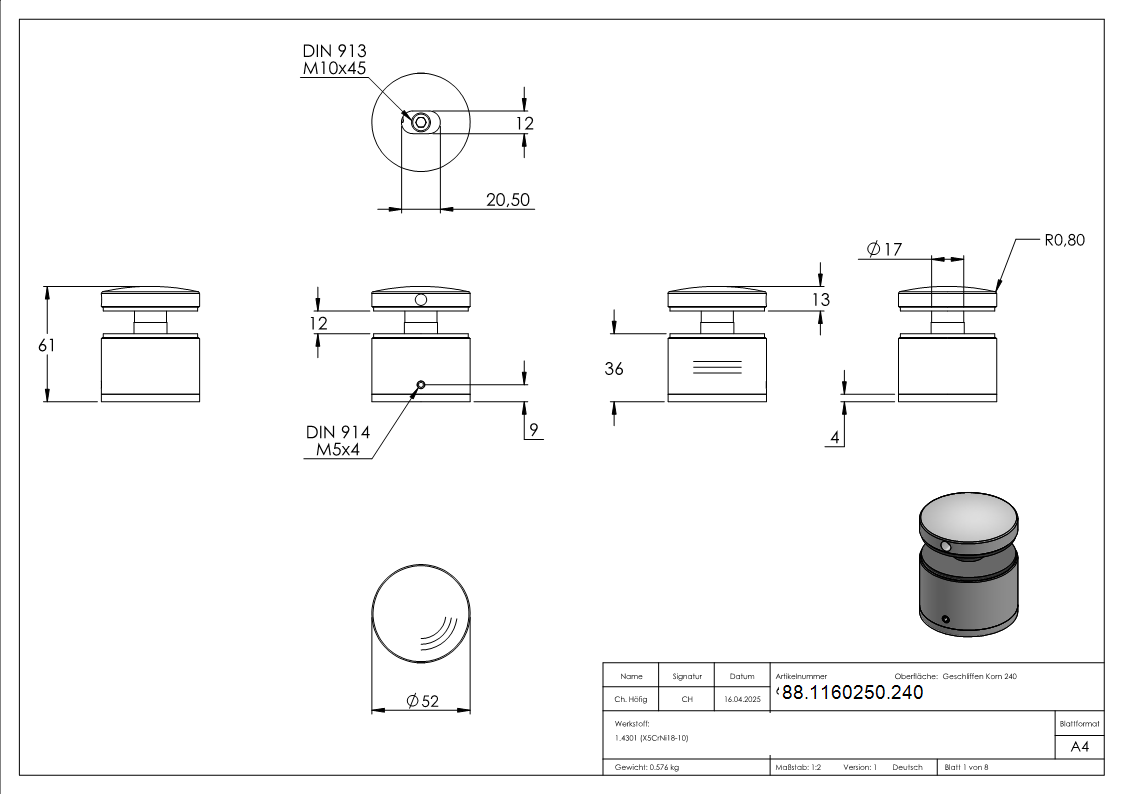 Glaspunkthalter Ø 52 mm- V2A- verstellbarer Wandabstand- Anschluss- Flach mit AbP-88-1160250.240
