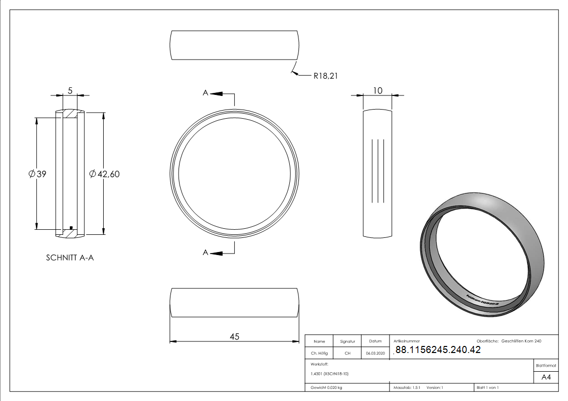 Verbindungsring V2A fuer Rohr Ø 42-4 mm geschliffen Korn 240-88-1156245-240.42