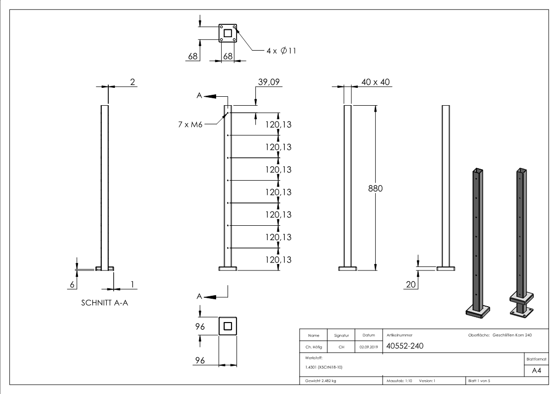 Edelstahlpfosten V2A zur Bodenmontage, Länge 880mm
