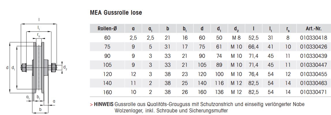 Gussrolle lose Haengetor MEA Grauguss Ø 160 mm bis 350 kg 10330471-60-0013.9