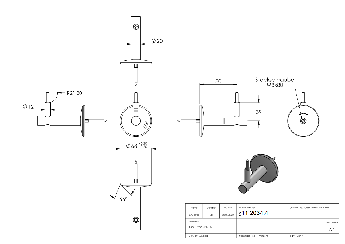 Handlaufhalter V2A Wandabstand 80 mm Ronde Ø 70 mm Linsenkopfschraube-11-2034.4