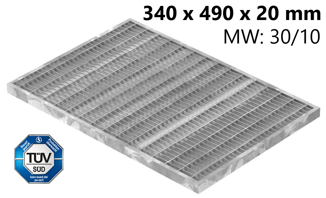 Lichtschachtrost Baunormrost | Maße:  340x490x20 mm 30/10 mm | aus S235JR (St37-2), im Vollbad feuerverzinkt