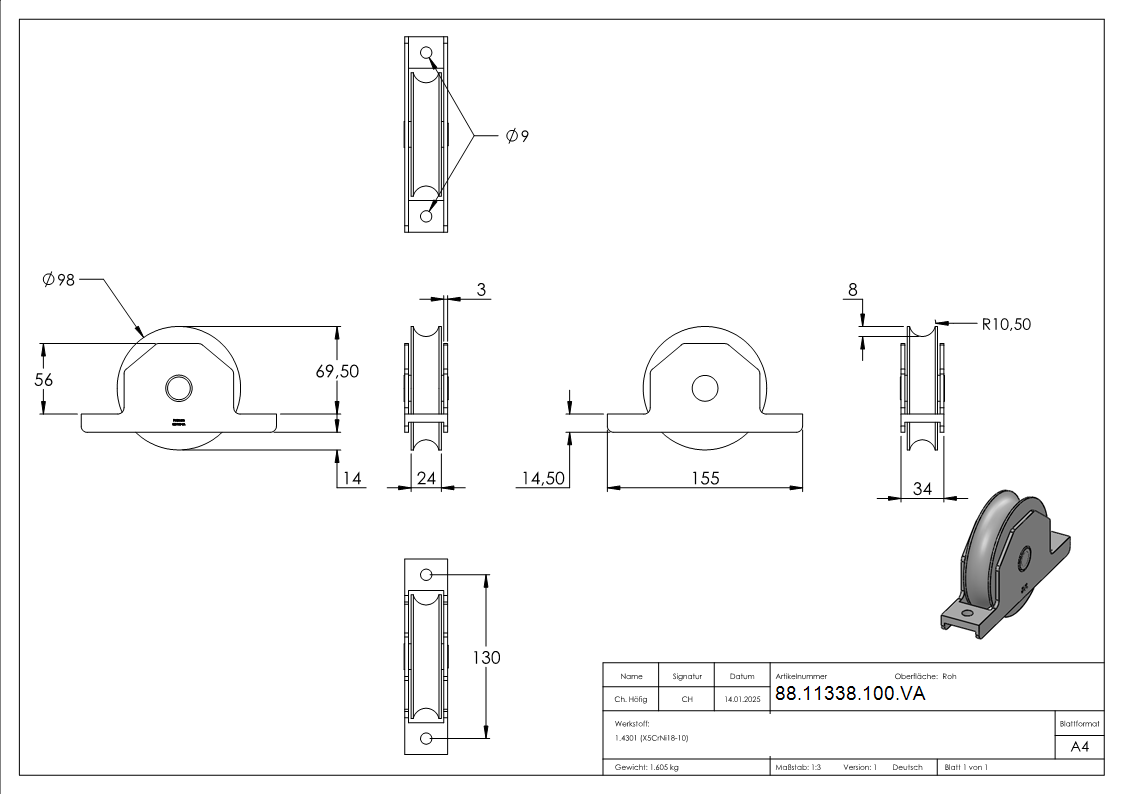 Schiebetorrolle- Ø 98mm- V2A-88-11338-100.VA