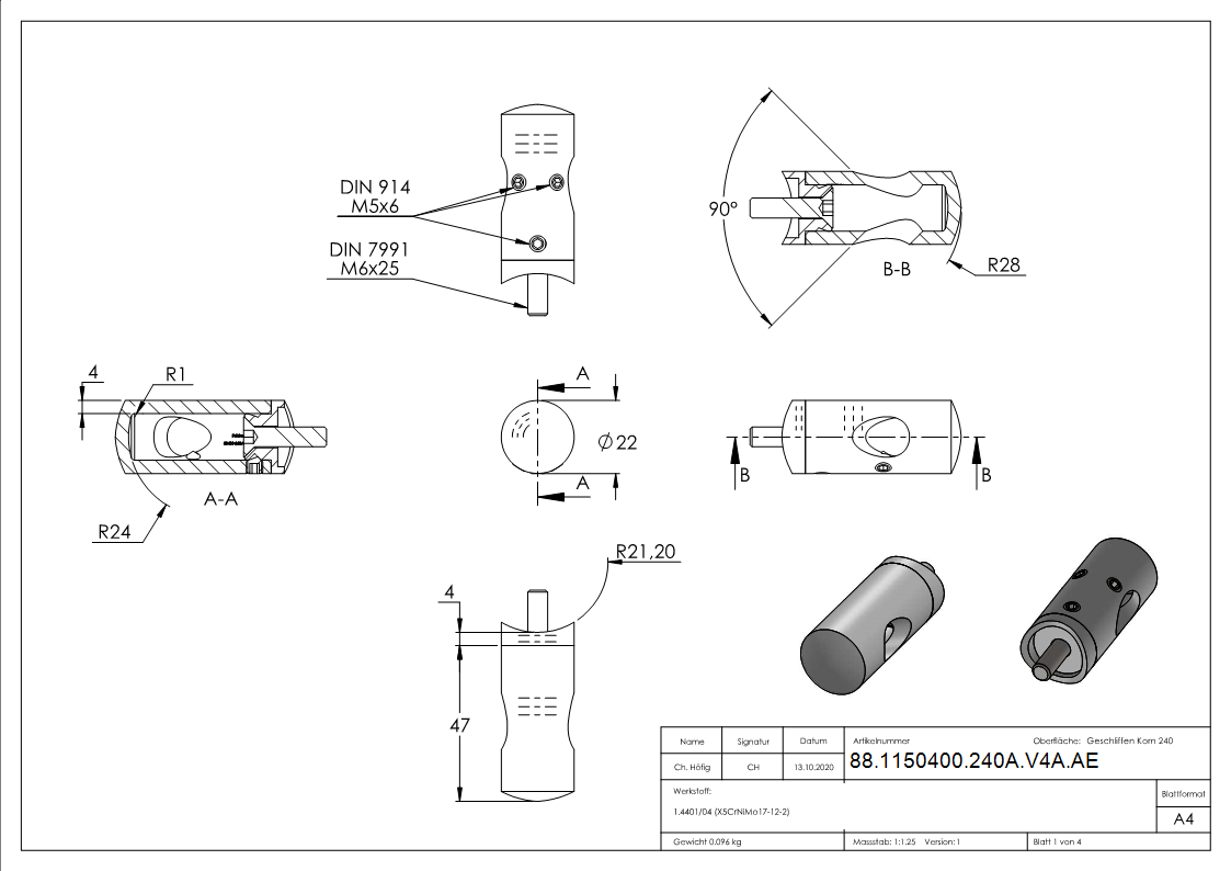 Querstabhalter V4A Edelstahl – 90° Außenecke für Anschluss 42,4 mm passend für Rundstäbe 12 mm inkl. Maden- & Befestigungsschrauben