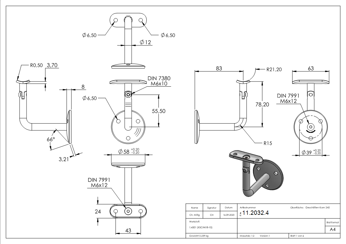 Handlaufhalter mit Gelenk und Halteplatte für Ø 42,4 mm V2A