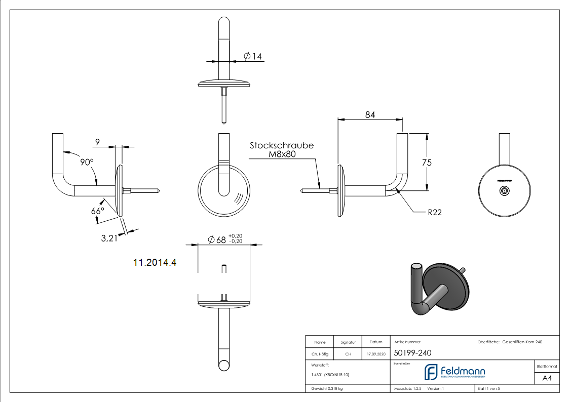 Handlaufhalter V2A Ronde 70x5 mm Buegel 14 mm WA 84 mm zum Anschweissen m- Stockschraube-11-2014.4