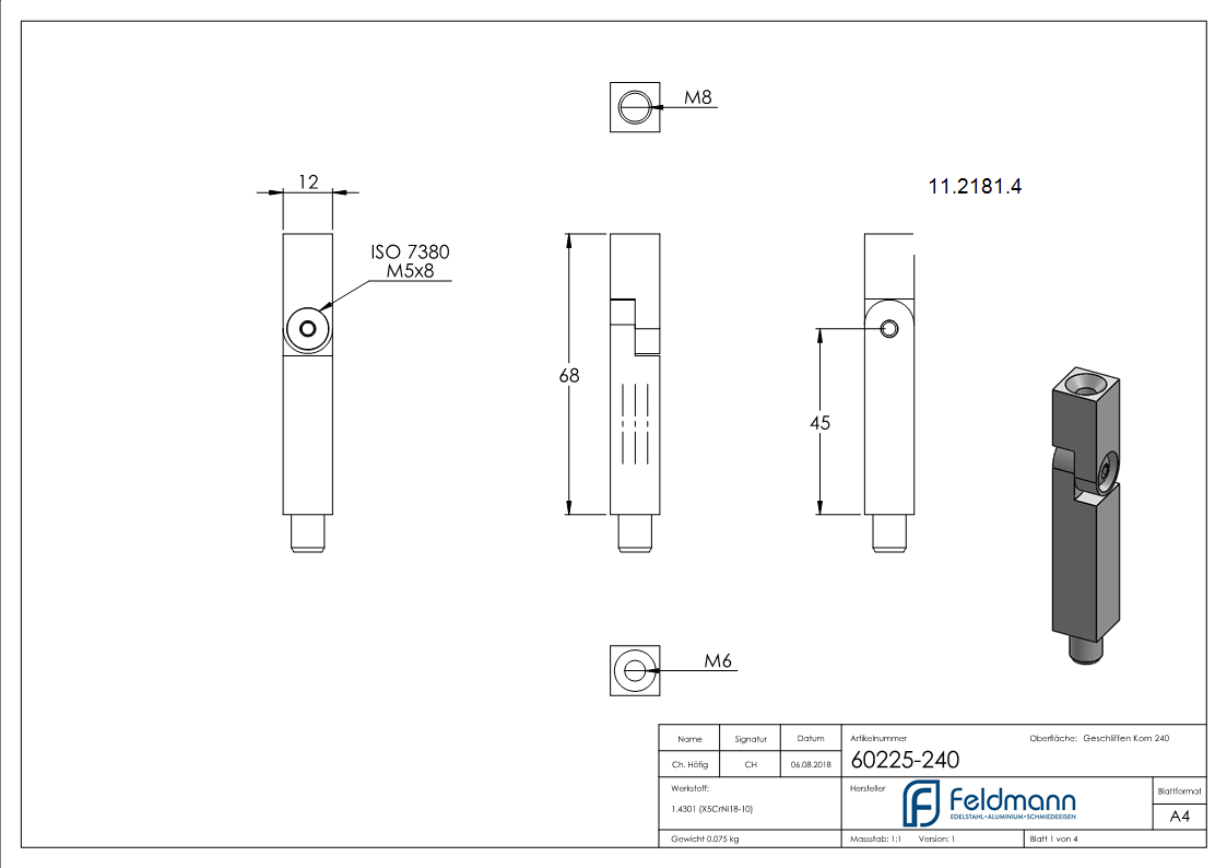 Gelenkstift | Maße: 68x12x12 mm | mit Außen- und Innengewinde | V2A