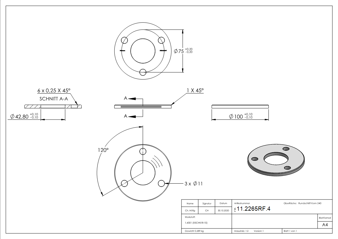 Ankerplatte Ø 100 x 6 mm mit Zentrierbohrung: Ø 42,8 mm V2A